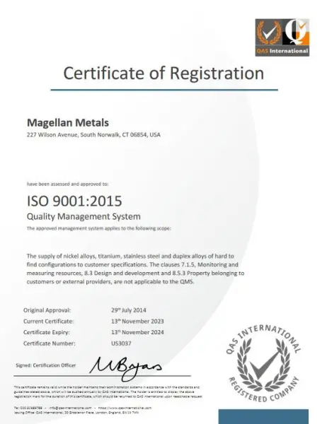 ISO Certification for Magellan Metals