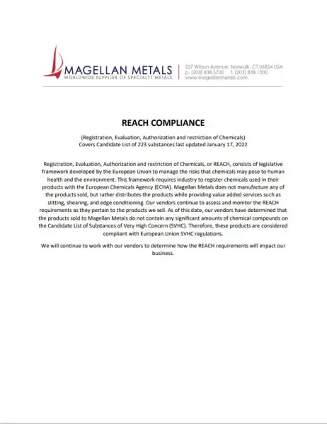 REACH COMPLIANCE CERTIFICATE